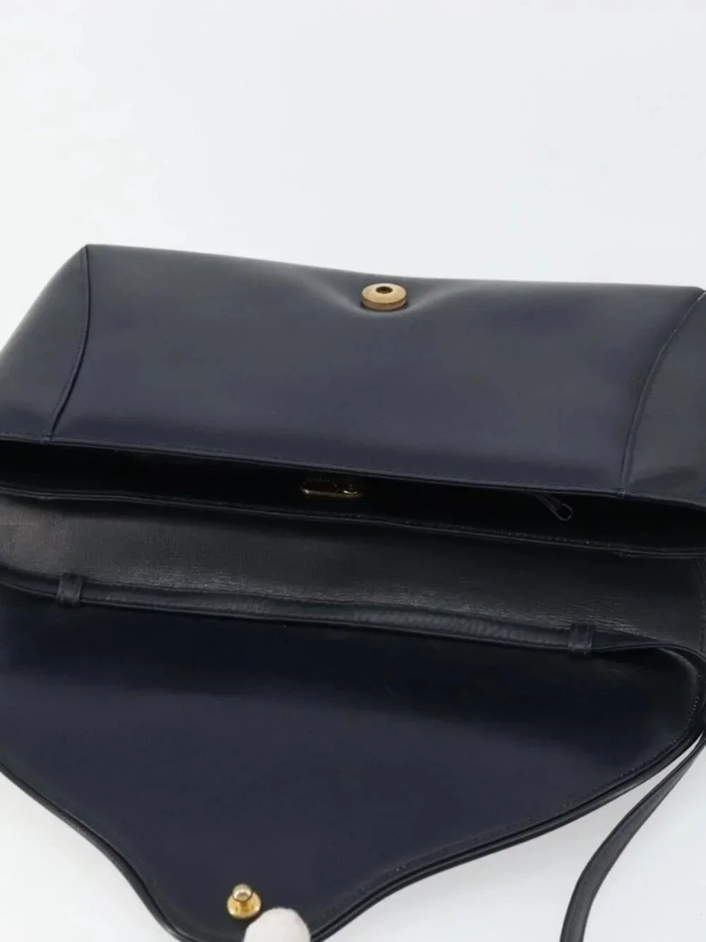 GUCCI Old Shoulder Bag Leather Navy Gold Auth